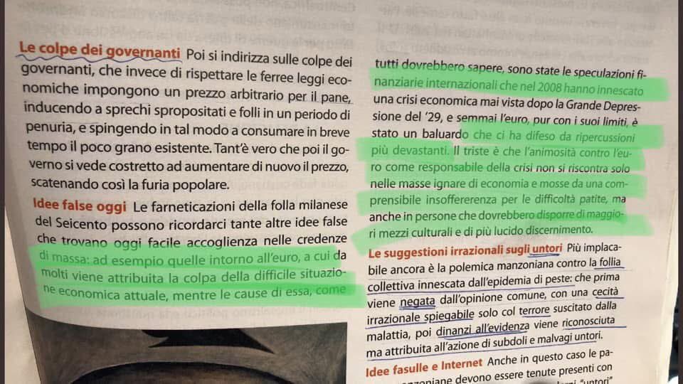 Antonio_DiSiena's tweet photo. Visto che ne sta parlando chiunque metto nel jukebox i miei due cents su #Manzoni 
Fino a pochi anni fa, la pagina che leggete era dentro il più autorevole e diffuso manuale di letteratura italiana usato nei licei italiani (ora non so se c’è ancora). Quindi, prima di alzare le barricate su chicchessia spostiamo un attimo il focus e chiediamoci: ha davvero senso studiare (Manzoni o chiunque altro) in questo modo?
Se la risposta è sì, ben venga la crociata in sua difesa. Se la risposta è no allora preoccupiamoci prima della qualità dei testi adottati nella scuola pubblica sotto l’egida di dicasteri di qualunque colore politico. Perché - rebus sic stantibus - dentro un libro ci puoi mettere la lettura critica di Alvaro Vitali e crescere una generazione di geni. O lasciarci Manzoni e allevare una generazione di imbecilli.