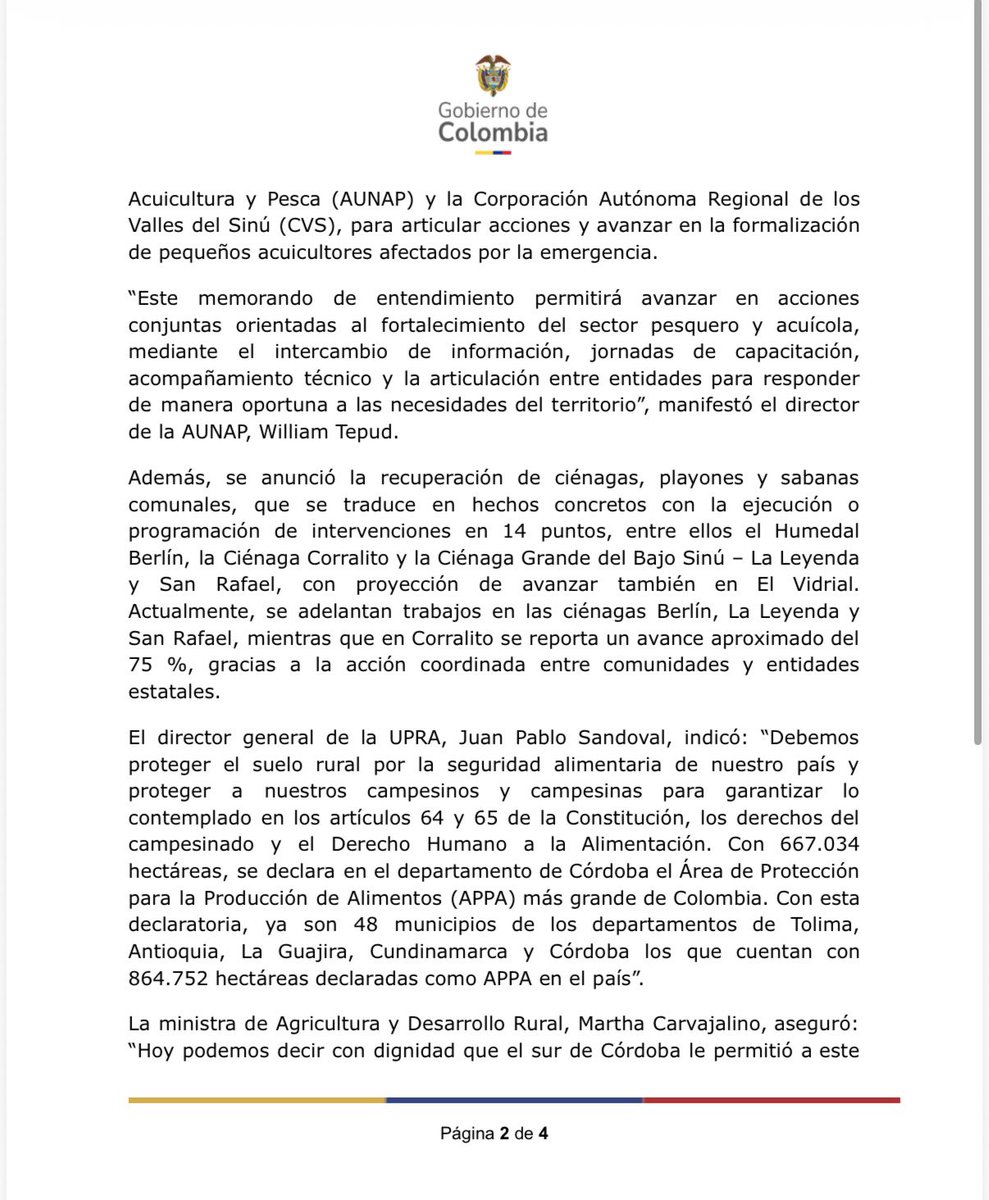 MinAgricultura's tweet image. #BoletínDePrensa 🚨 | En Tierralta, #Córdoba 📍, el Gobierno del presidente Gustavo Petro cumple con dignidad ✊🏽 y la #RevoluciónPorLaVida ❤️ avanza con hechos concretos para transformar el campo.

La ministra @MCarvajalinoV destacó a Córdoba como piloto de la Reforma Agraria 🌾;