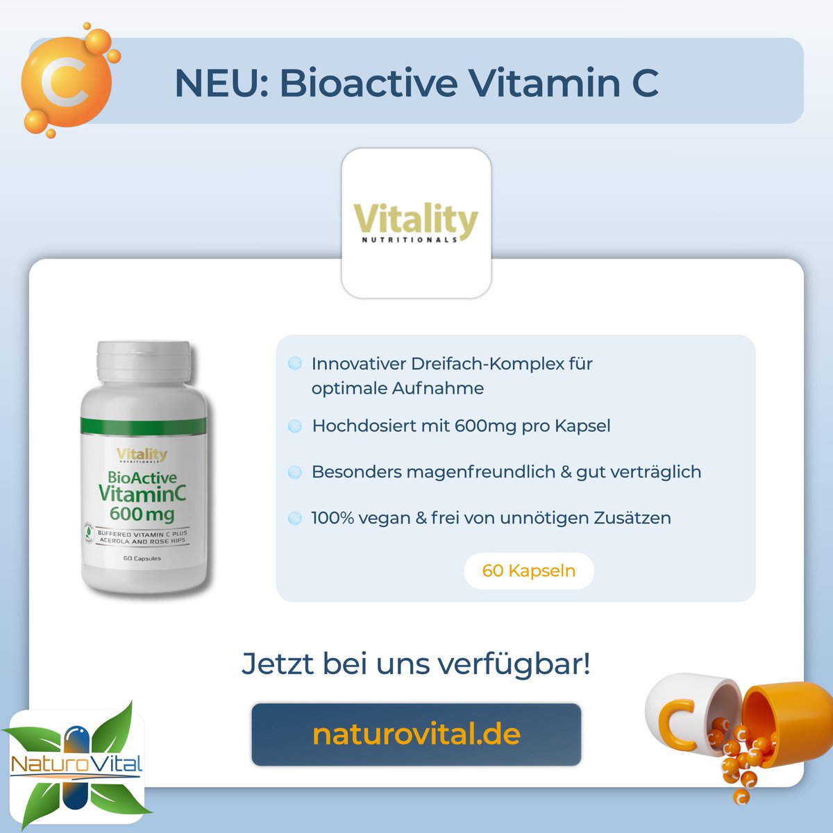 naturo_vital's tweet photo. ✨ Wir haben unser Sortiment erweitert und freuen uns, dir BioActive Vitamin C 600mg vorstellen zu dürfen:

🔗 https://t.co/FZBj2TIIsB

#vitaminc #immunsystem #nahrungsergänzungsmittel #gesundheit #supplements #nahrungsergänzung #mikronährstoffe #immunbooster https://t.co/MLh2jHSPkw