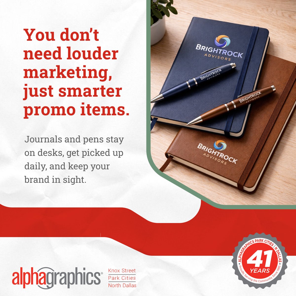 AlphaGraphicsTX's tweet photo. Think about what’s on your desk.

The notebook you grab. The pen you keep using.

That’s what works. Everyday items that keep your brand in sight.

#AlphaGraphicsParkCities #NorthDallas #PromotionalProducts #PromoItems #BrandedMerch #JournalsAndPens https://t.co/H1IAHEGlta