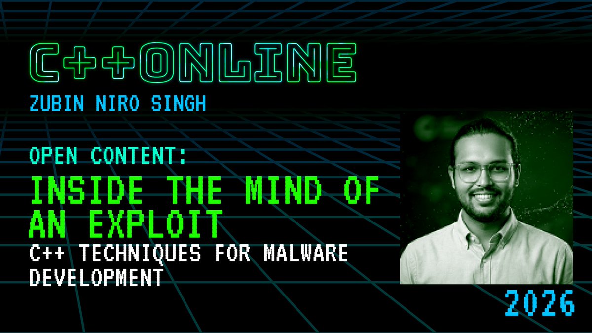 cpponlineconf's tweet photo. We have just released a new C++Online 2026 Conference Video! 

C++ Techniques for Malware Development - Inside the Mind of an Exploit - Zubin Niro Singh - C++Online 2026

https://t.co/iBR2dlV7CK

#Cplusplus #Cpp #Programming #Security #cpponline https://t.co/HwiopQnXaG