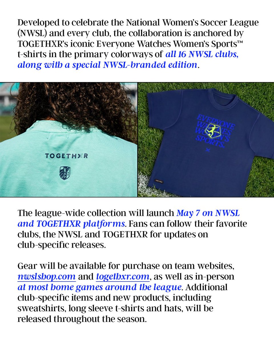 togethxr's tweet photo. Rep your @NWSL club with Everyone Watches Women’s Sports ™️ ⚽️ 

Mark your calendar for May 7 🗓️ https://t.co/Koj7aJdkHQ
