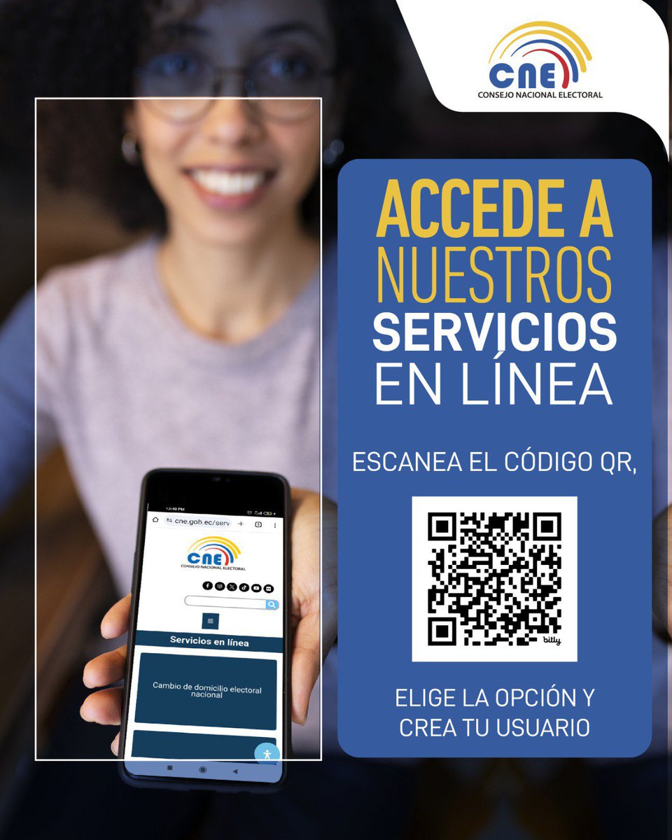 #CNEInforma 

¡Nuestros servicios a tu alcance! 📡

Con un solo click podrás acceder a los trámites electorales habilitados en la página web institucional: cne.gob.ec📱.