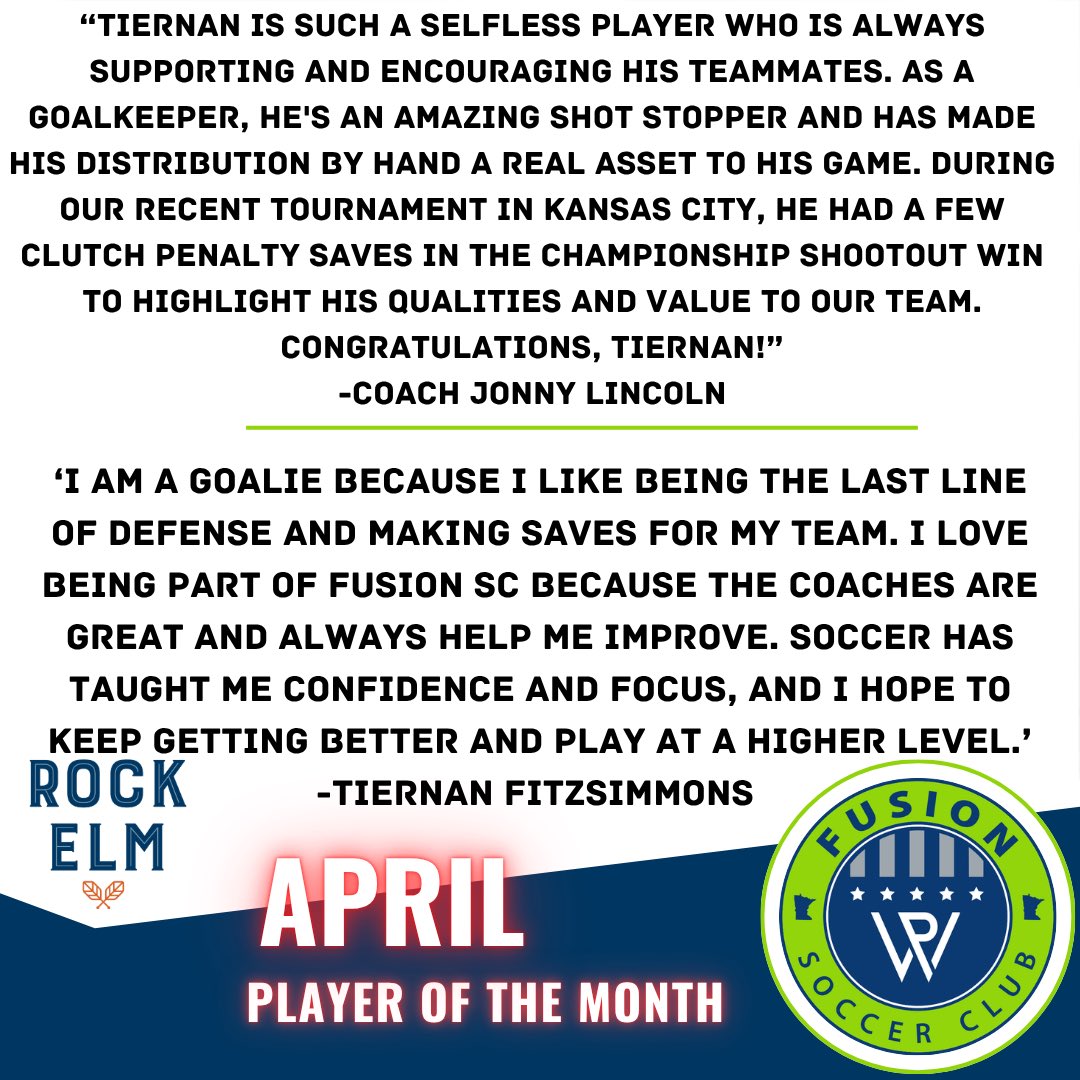 fusionsoccermn's tweet photo. Big congratulations to Tiernan Fitzsimmons, our April Boys U14+ Fusion SC Rock Elm Revival Player of the Month! ⚽👏
Your encouragement of teammates and outstanding technical ability set the standard—nice work!

Shoutout to @rockelmtavern for supporting our players each month! https://t.co/gcvMzwpbR2