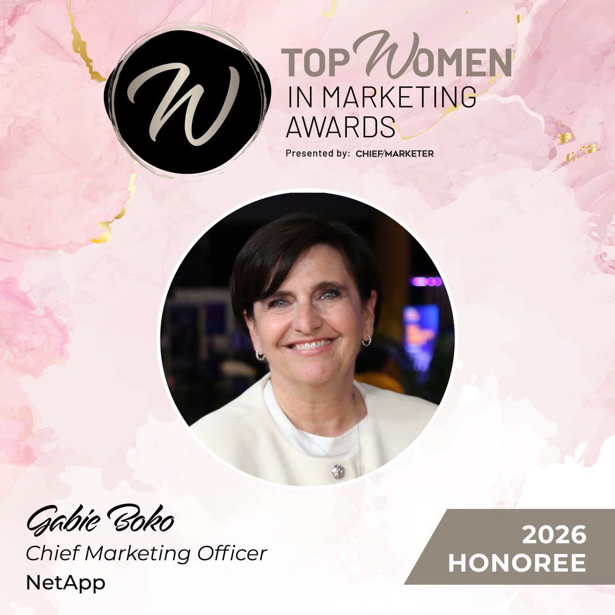 LifeAtNetApp's tweet image. Congratulations to our very own CMO, Gabie Boko on being named a 2026 Top Woman in Marketing by Chief Marketer. ⭐️

bit.ly/4vmdKI9

Well-deserved 👏 #Leadership #Marketing #NetApp #LifeAtNetApp #WhyNetApp