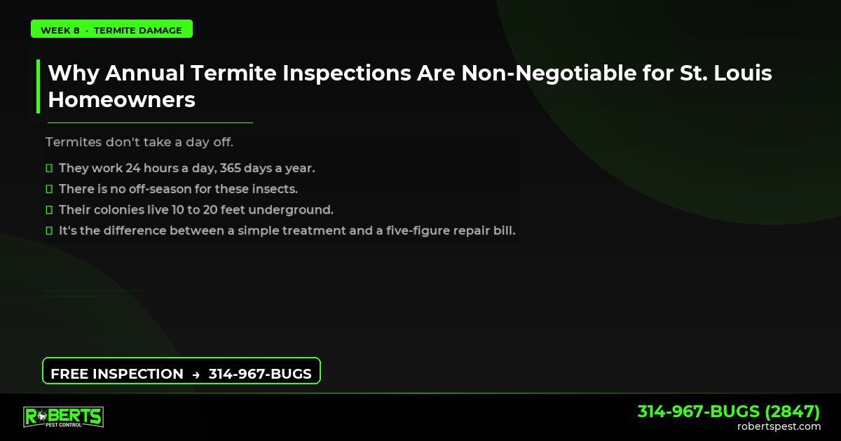Robertspest's tweet image. Why Annual Termite Inspections Are Non-Negotiable for St. Louis Homeowners

Termites don't take a day off.

314-967-BUGS | robertspest.com
#TermiteControl #PestPrevention #BUGSSTL #RobertsPestControl