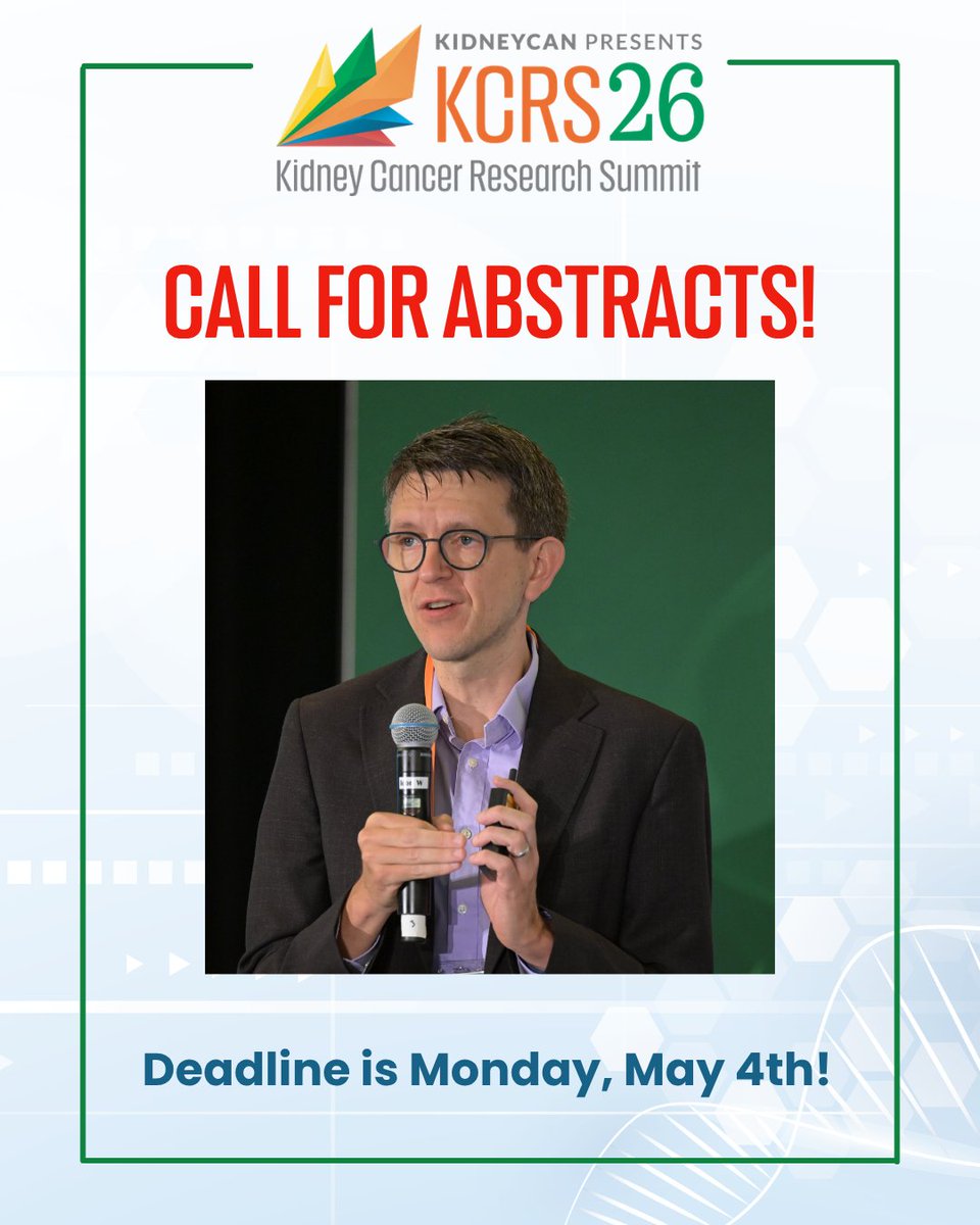 kidneycan's tweet photo. The deadline to submit abstracts for #KCRS26 is Monday, May 4, 2026. Don’t miss the opportunity to present your work at a meeting dedicated entirely to #KidneyCancer research!

Submit today: https://t.co/eb9m2aPvM3

#AcceleratingCures https://t.co/o1ajoGD7vs