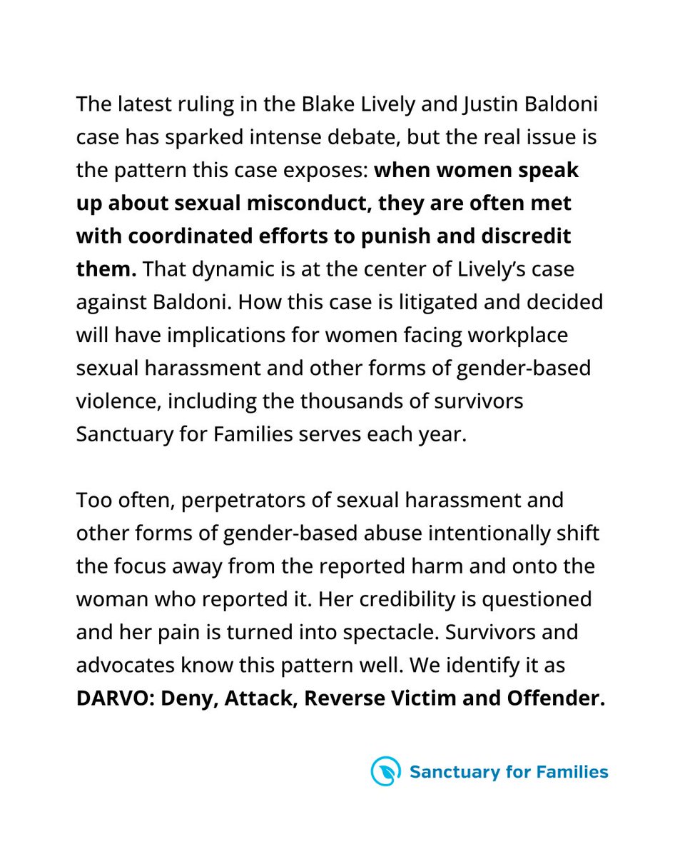 SFFNY's tweet photo. The latest ruling in the Lively and Baldoni case has sparked intense debate, but the real issue is the pattern this case exposes: when women speak up about sexual misconduct, they are often met with coordinated efforts to punish and discredit them.
 
➡️ Swipe for full statement. https://t.co/2Pa15TCih5