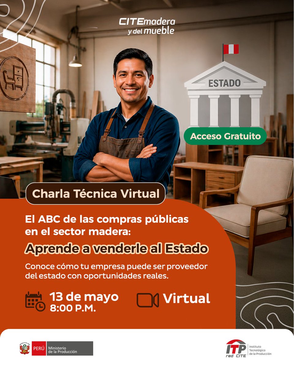 CITEmadera's tweet photo. El ABC de las compras públicas en el sector madera: Aprende a venderle al Estado

 🗓️ Miércoles 13 de mayo |  🕧Hora:  08:00 p.m. 
 🎫⭐Inscríbete gratis aquí:
 https://t.co/u7DyysQGpH https://t.co/8xnq7zGcGm