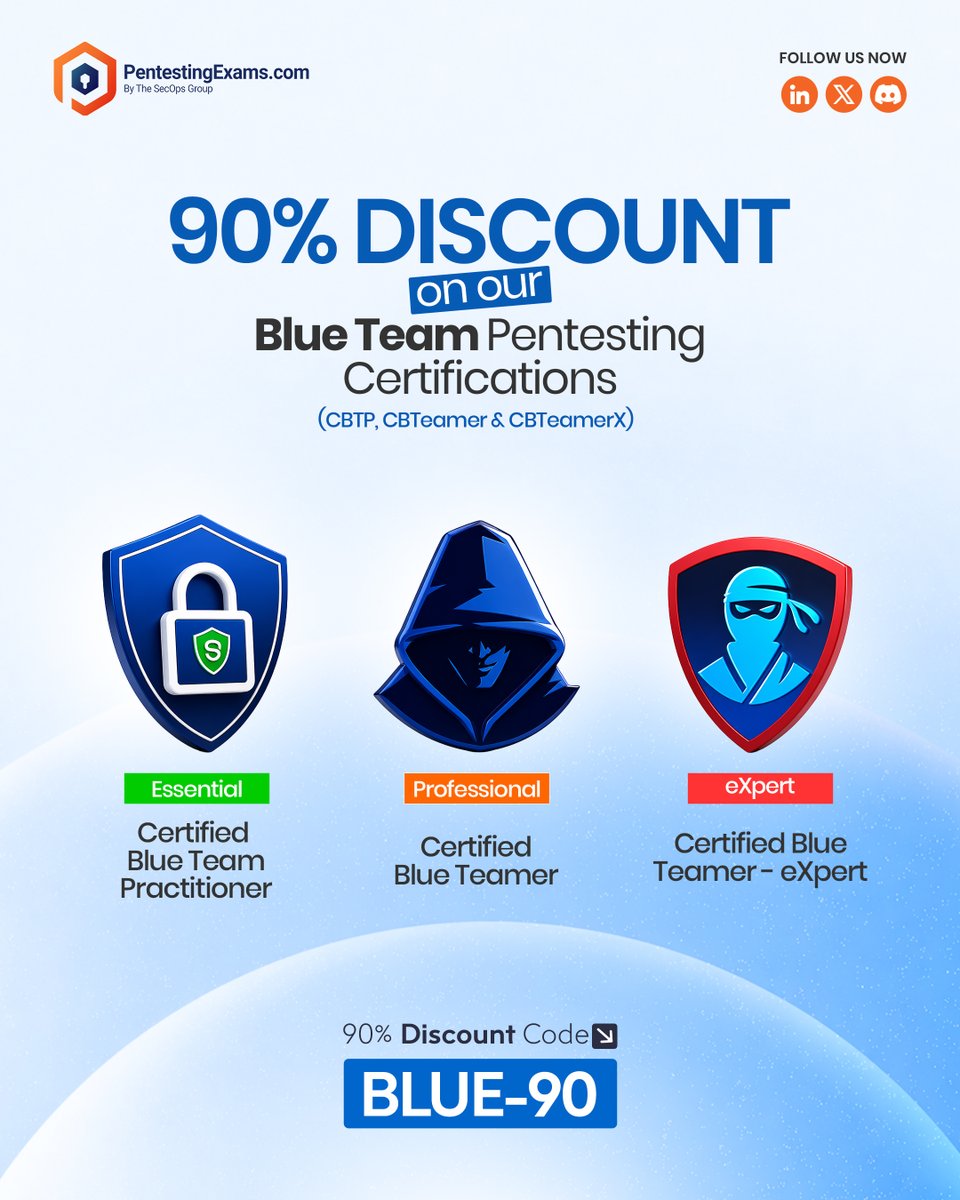 🚨 𝗥𝗲𝗮𝗱 𝘁𝗵𝗶𝘀 𝗯𝗲𝗳𝗼𝗿𝗲 𝘆𝗼𝘂 𝘀𝗰𝗿𝗼𝗹𝗹.
🎁 𝟯 𝗟𝗨𝗖𝗞𝗬 𝗪𝗜𝗡𝗡𝗘𝗥𝗦 will be picked
👉 Like • Comment • Tag • Repost to increase your chances

We just dropped something serious for Blue Teamers:
💥 𝗙𝗟𝗔𝗧 𝟵𝟬% 𝗗𝗜𝗦𝗖𝗢𝗨𝗡𝗧 on 𝗔𝗟𝗟 𝗕𝗹𝘂𝗲 𝗧𝗲𝗮𝗺