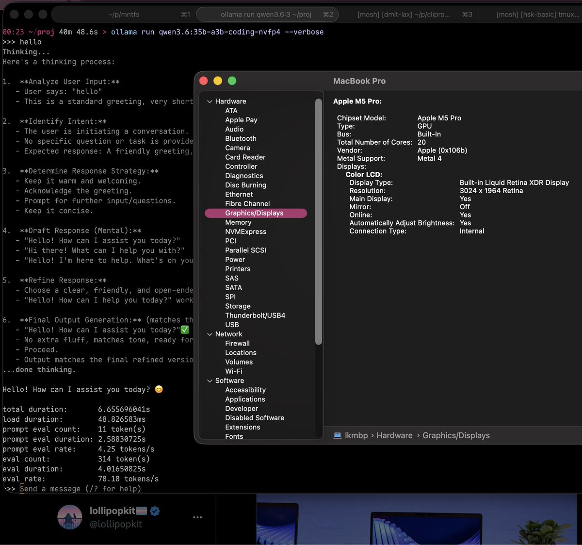 lollipopkit's tweet image. `qwen3.6:35b-a3b-coding-nvfp4` on M5 Pro 20Core via Ollama
≈80 tokens/s

#apple #ollama #qwen