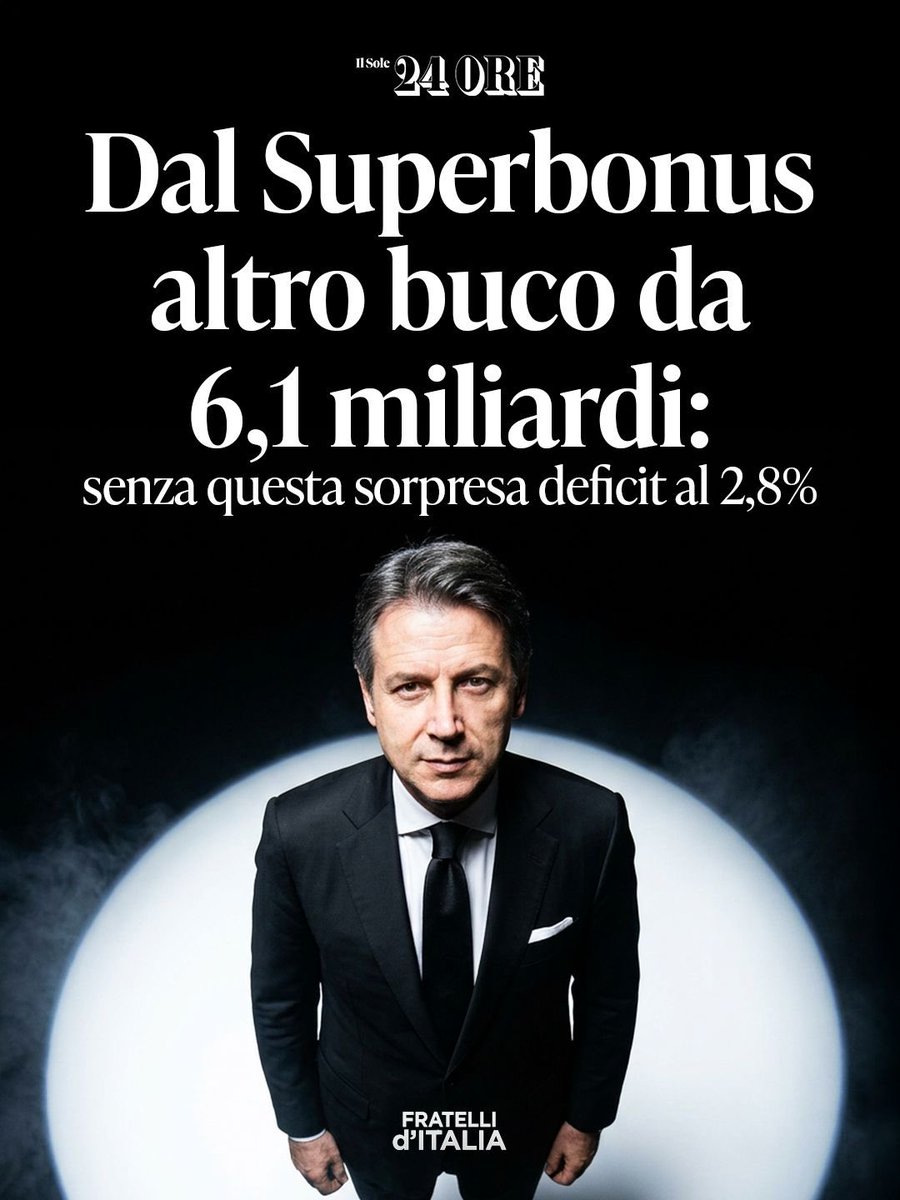 FratellidItalia's tweet image. Se non fosse stata adottata la misura voluta da Giuseppe Conte, lo Stato non si troverebbe in questa situazione e il deficit italiano si attesterebbe al 2,8%, rimanendo sotto la soglia del 3% prevista dall’UE.

Conte sta cercando di scaricare le proprie responsabilità politiche