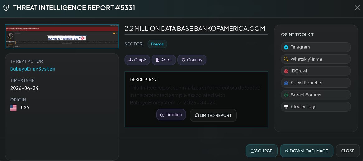 VECERTRadar's tweet image. 🚨 CYBER THREAT ALERT: ALLEGED MASSIVE BANK OF AMERICA DATA LEAK – 2.2 MILLION RECORDS 🇺🇸🏦

A post has been detected on cybercrime forums in which the threat actor "BabayoErorSystem" claims to have exfiltrated a database belonging to Bank of America. The incident is currently