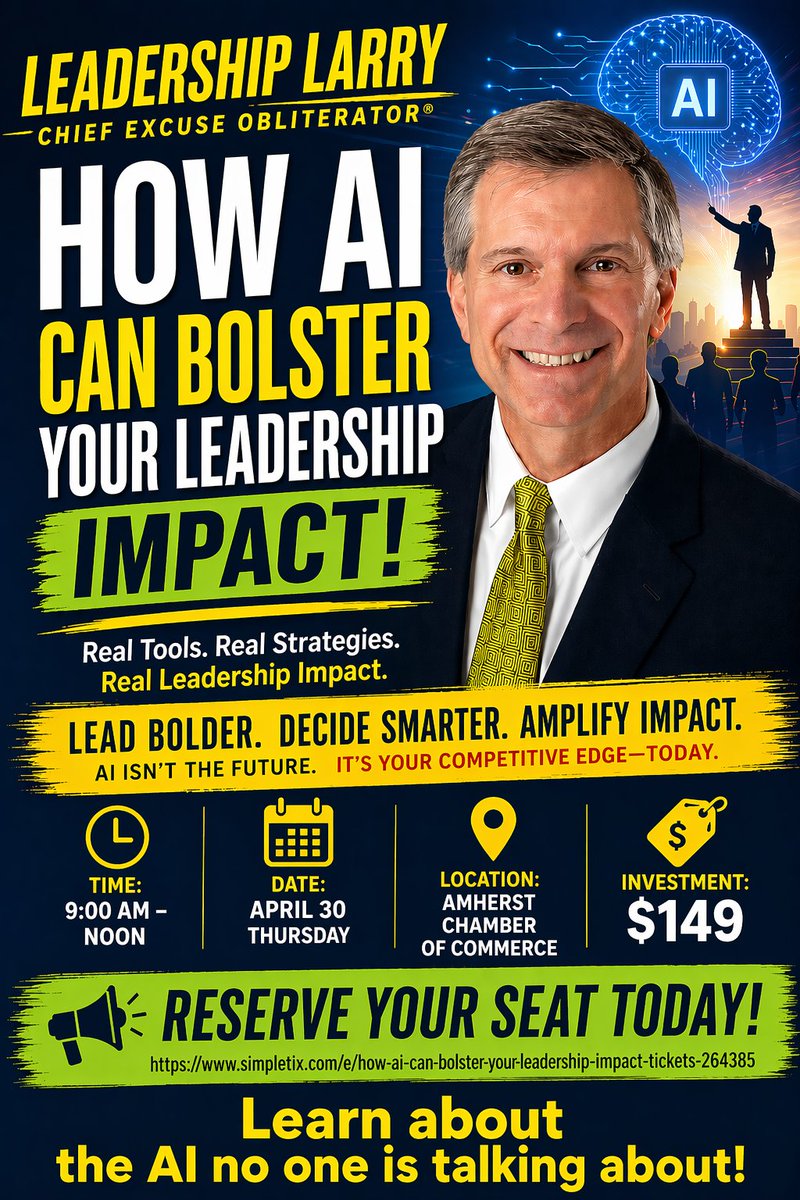 LarryMietus's tweet image. Will AI displace you as a leader? The choice is really yours.
simpletix.com/e/how-ai-can-b…
#leAdershIp #noexcuses #leadershiplarry #chiefexcuseobliterator