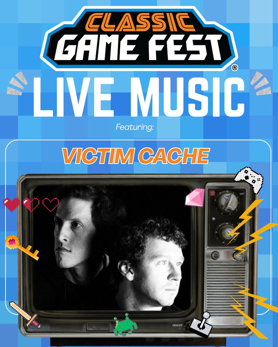 classicgamefest's tweet photo. Victim Cache is coming to Classic Game Fest on July 24-25-26 in Austin, TX!

Blending chiptune with surf rock, acoustic, and ‘80s-inspired synthwave—this duo keeps pushing retro game music forward. 🎮🎶

See Victim Cache perform live at the BIGGEST retro gaming events in Texas. https://t.co/9cD6MY6PCf