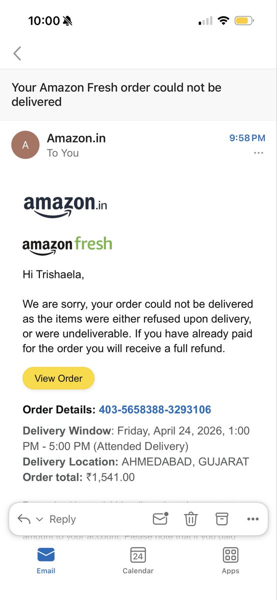 trishaela's tweet photo. @AmazonHelp Before you get back to me, with a sorry face, here’s your response. This is the 2nd time Amazon fresh has failed to deliver. If you cannot give service, then why are your even offering. Sorry state of affairs in Ahmedabad. https://t.co/fj4r925emP