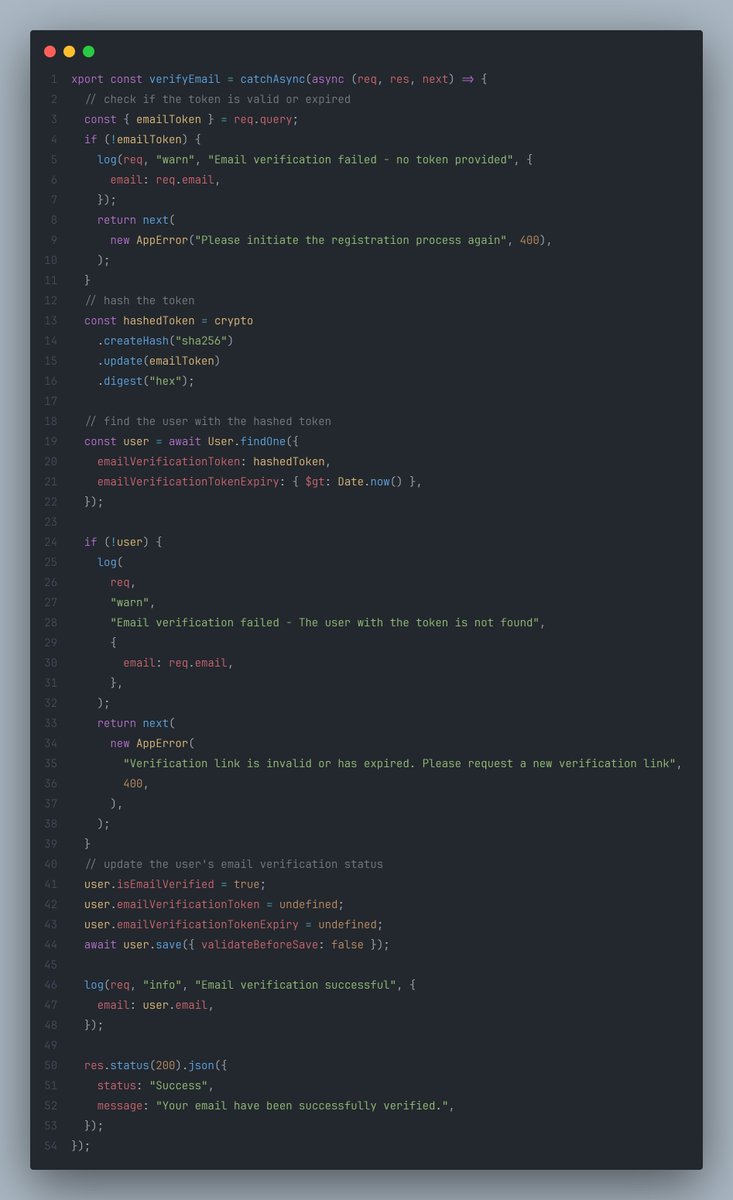 danielshola__'s tweet image. Hey guys! Auth system update: Email verification!

The logic:  Tokens generated via crypto; only SHA-256 hashes hit the DB for safety.  Tight 15-min expiry window.  Clean templates via Mailgen.
Security isn't a side quest. 
#BuildInPublic #NodeJS #Backend