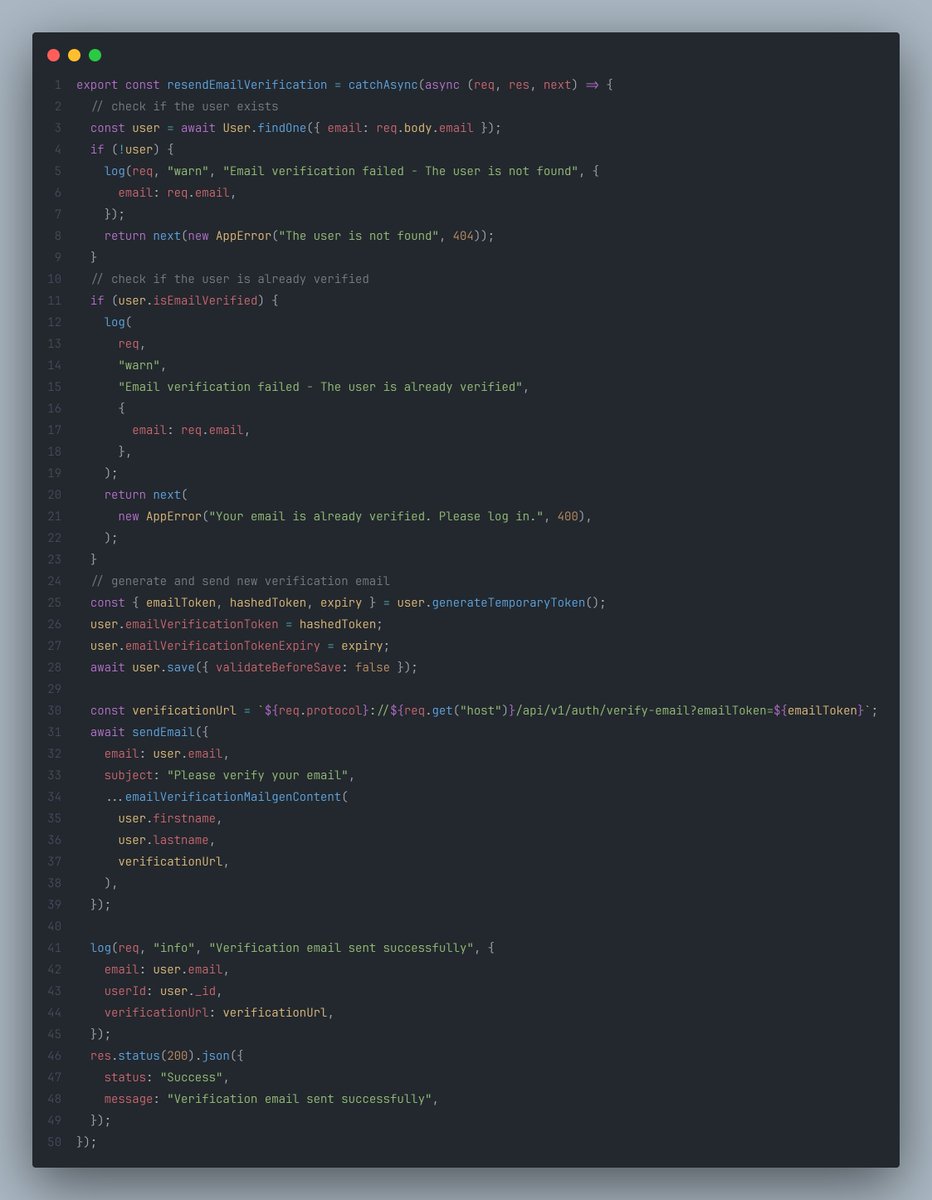 danielshola__'s tweet image. Hey guys! Auth system update: Email verification!

The logic:  Tokens generated via crypto; only SHA-256 hashes hit the DB for safety.  Tight 15-min expiry window.  Clean templates via Mailgen.
Security isn't a side quest. 
#BuildInPublic #NodeJS #Backend