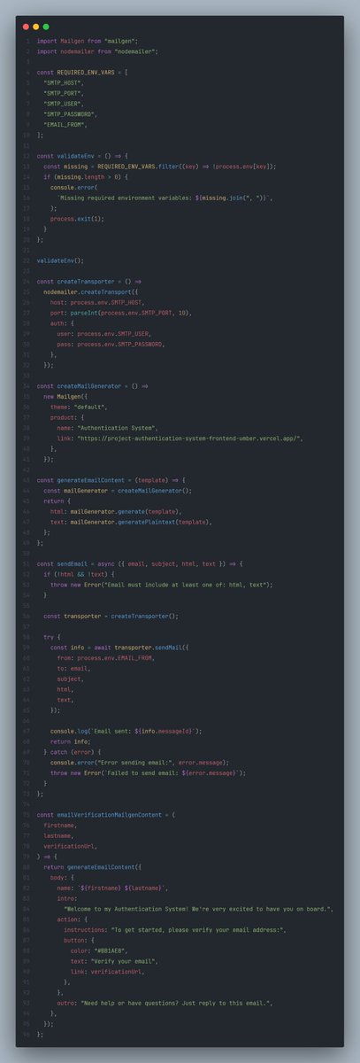 danielshola__'s tweet image. Hey guys! Auth system update: Email verification!

The logic:  Tokens generated via crypto; only SHA-256 hashes hit the DB for safety.  Tight 15-min expiry window.  Clean templates via Mailgen.
Security isn't a side quest. 
#BuildInPublic #NodeJS #Backend