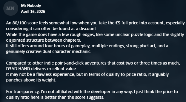 DuckMadeOfWood's tweet image. I'm not affiliated with Mr. Nobody, but I really thank him for his comment.

If you like to get a good deal D3AD HAND IS always here:
store.steampowered.com/app/3140810/D3…

#steam #deal #indiegame #pixelart