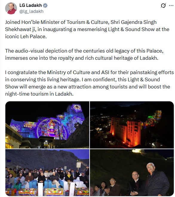 univartaindia1's tweet image. लद्दाख के उपराज्यपाल विनय कुमार सक्सेना ने पर्यटन एवं संस्कृति मंत्री गजेंद्र सिंह शेखावत के साथ iconic Leh Palace में भव्य 'लाइट एंड साउंड शो' का उद्घाटन किया।

@lg_ladakh | #GajendraSinghShekhawat | #Ladakh | #UNI | #UNIVarta