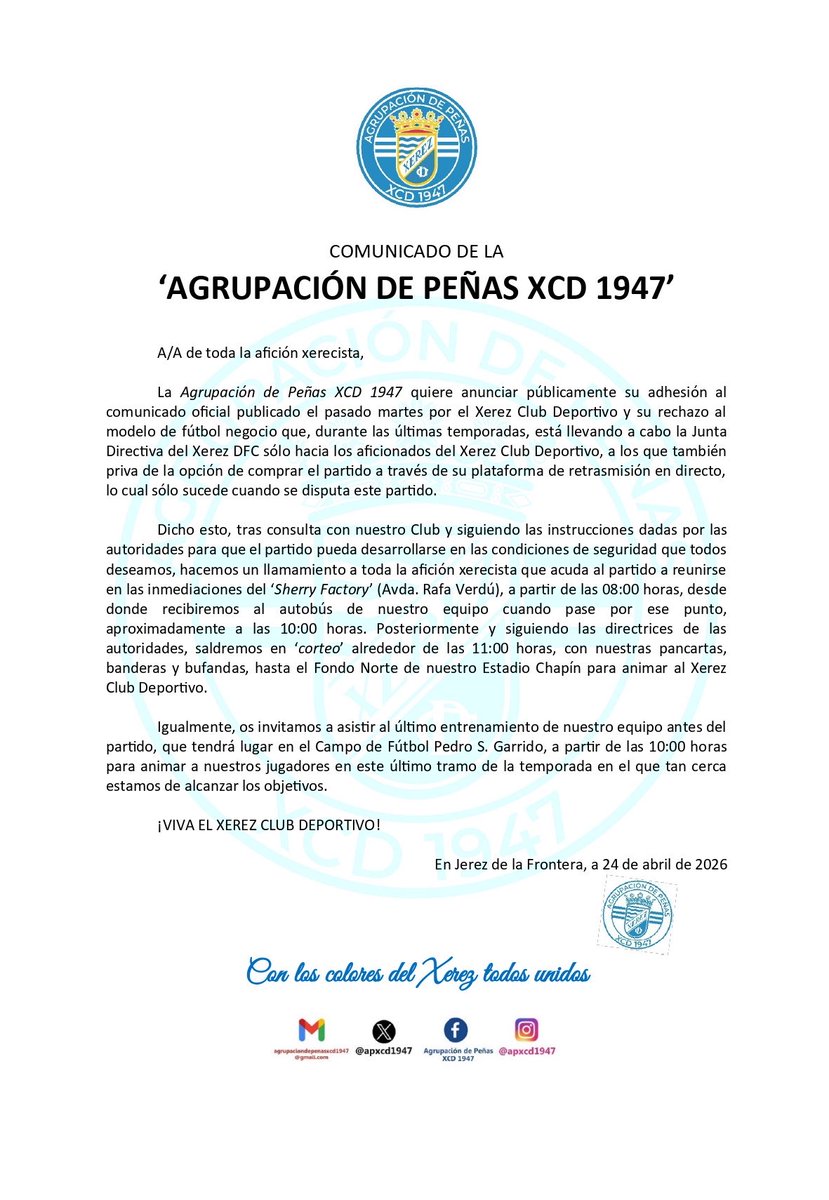 COMUNICADO OFICIAL🚨📄

El #Xerez y la #APXCD rechazan el modelo de fútbol negocio.

🤝🏽 Llamamiento a toda la afición para el Domingo y el último entrenamiento.
