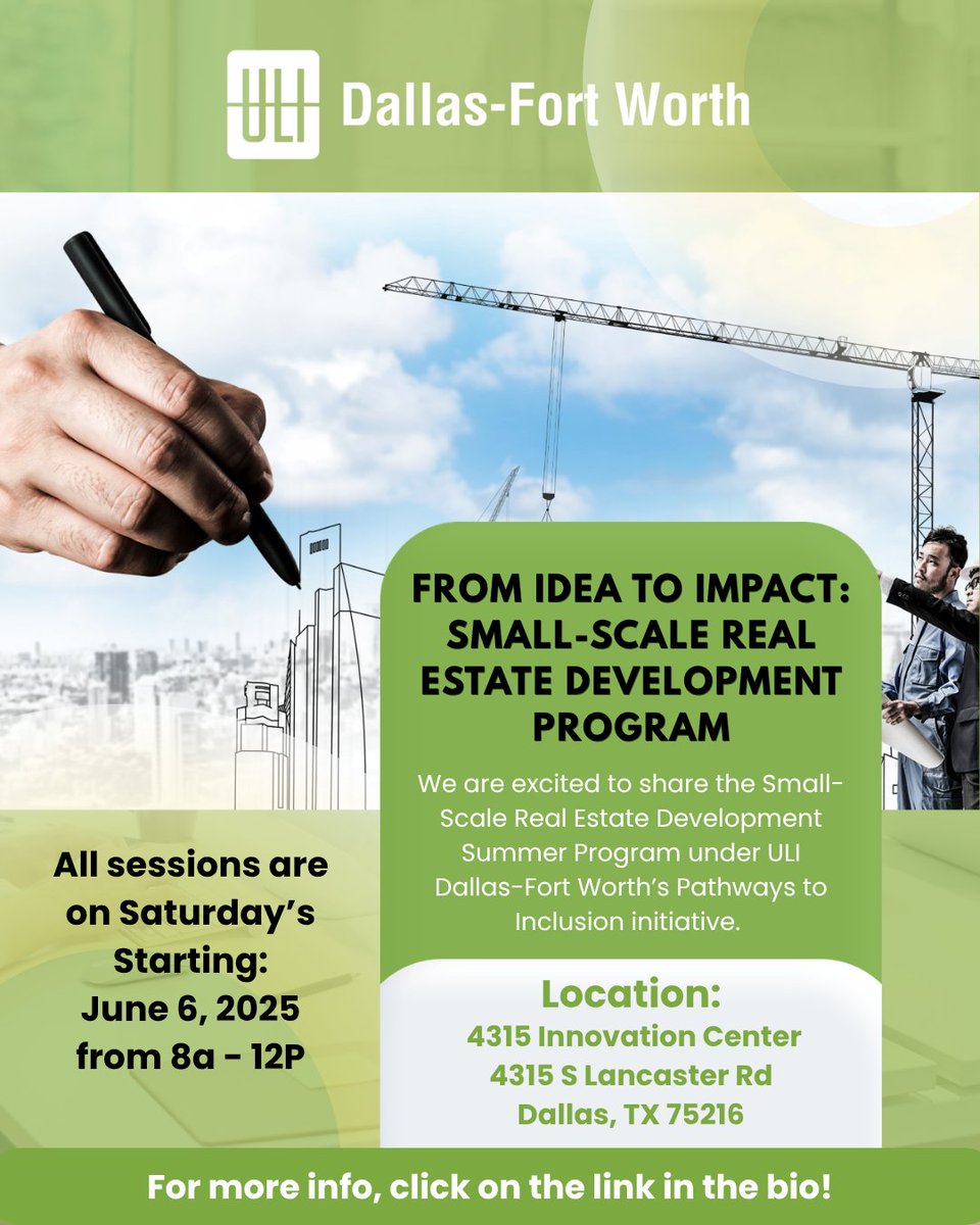 ULIDFW's tweet image. From Idea to Impact: Small-Scale Real Estate Development Program
Registration NOW OPEN! 
4315 Innovation Center |  4315 S Lancaster Rd | Dallas, TX 75216

More Info at : on.uli.org/uJPl50YNcNb

#ULIDallasFortWorth #RealEstateDevelopment #CommunityDevelopment