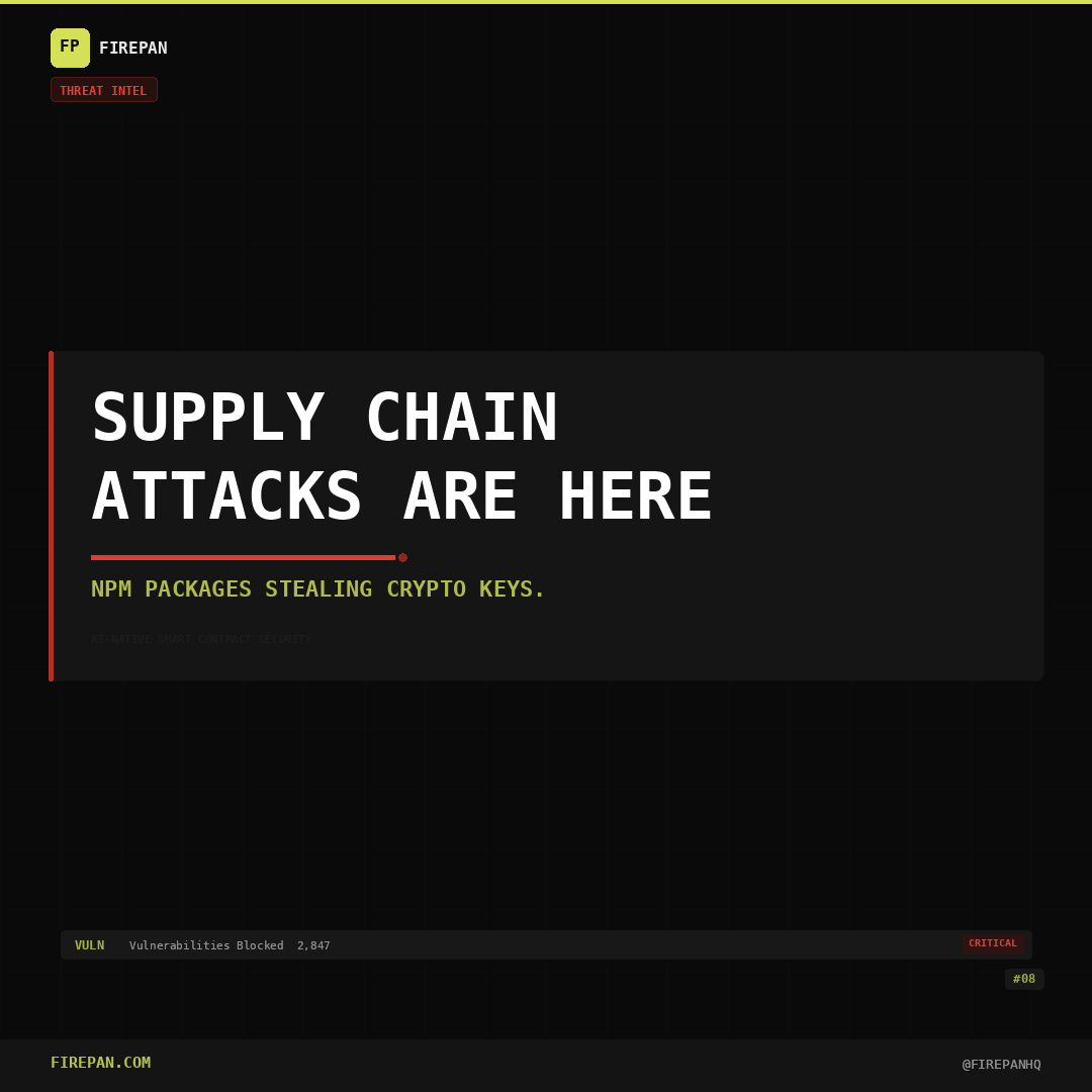 The Shai-Hulud supply chain worm is targeting npm packages right now.

19+ malicious packages harvesting:
→ Crypto keys
→ CI secrets
→ API tokens
→ GitHub credentials

Smart contract security isn't just your Solidity. It's your entire dependency tree.

Firepan.com