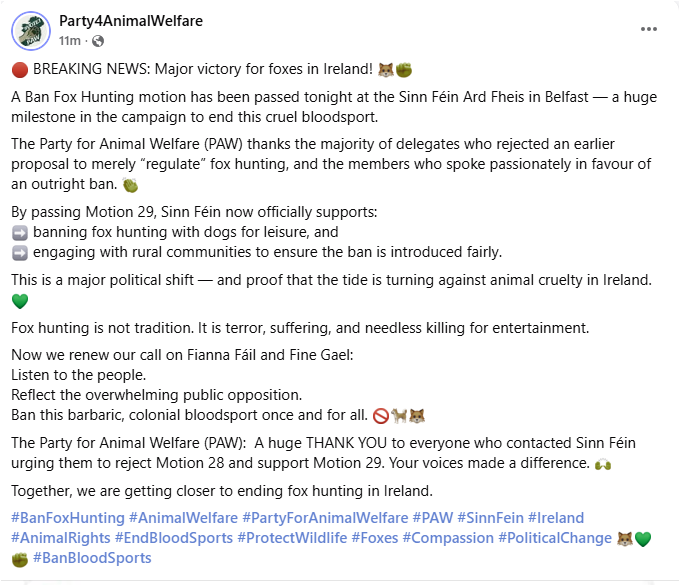 AnimalPartyIE's tweet photo. 🔴 #BREAKINGNEWS: Major victory for #foxes in Ireland! 🦊✊
A #BanFoxHunting #motion has been passed tonight at the #SinnFéin #ArdFheis in #Belfast #NorthernIreland — a huge milestone in the campaign to end this cruel bloodsport throughout the whole of #Ireland!
@banbloodsports https://t.co/L0jLXqzxkg