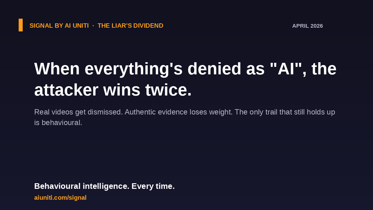 When everything's denied as AI, the attacker wins twice.

Real videos get dismissed. Authentic evidence loses weight.

The only trail left is behavioural: who coordinated the spread, when it started.

aiuniti.com/signal