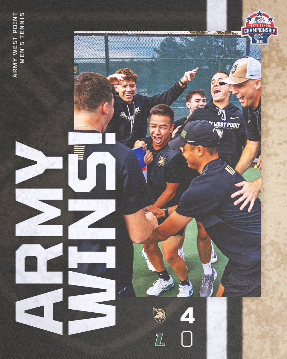 ArmyWP_MTennis's tweet photo. ‼️ ARMY WINS ‼️

The Black Knights secure the 4-0 quarterfinal win with the doubles point and three singles wins!

#GoArmy https://t.co/Oj6I7AI9bN