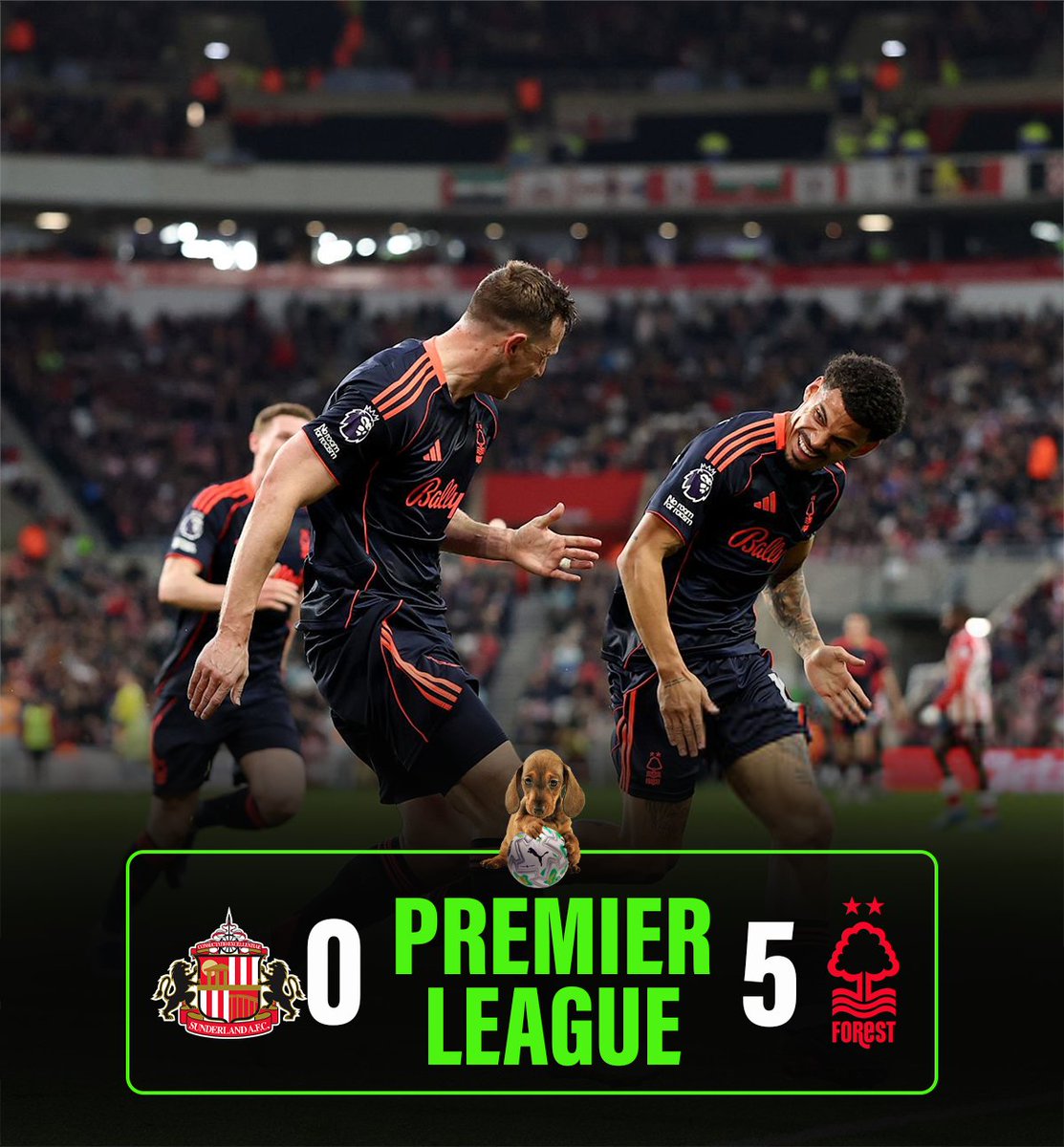 futbolcachorro's tweet image. Cuarto resultado positivo (tres victorias) para el #Nottingham en los últimos cuatro partidos de #Premier.
Los de Vítor Pereira aplastaron al Sunderland (0-5) con goles de Hume (en c.17'), Wood (31'), Gibbs-White (34'), Igor Jesus (37') y Anderson (95')