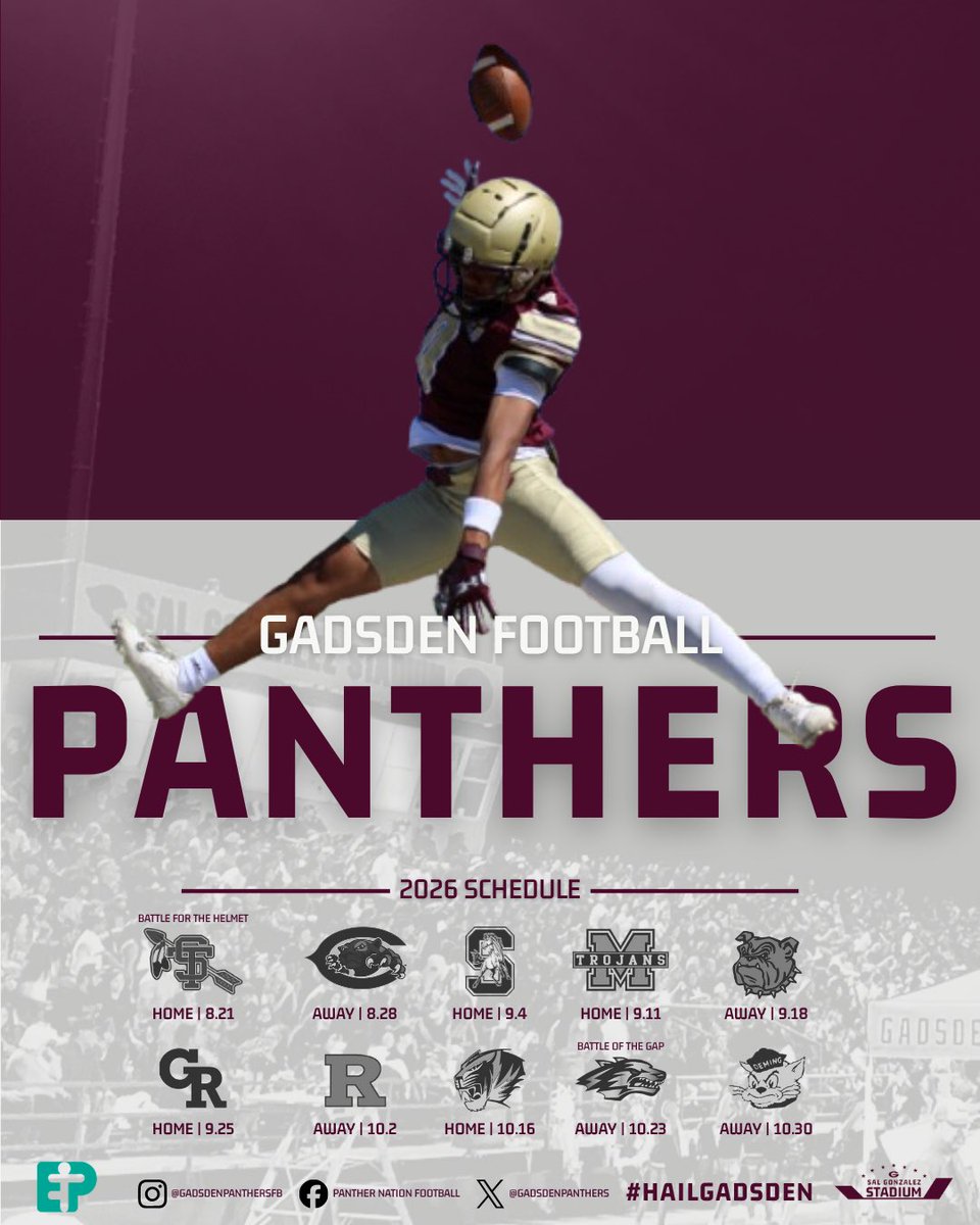 GadsdenPanthers's tweet photo. The 2026 Gadsden Panther Football schedule - presented by El Paso Physical Therapy Services! #Team26 loading for the upcoming season⏳#HailGadsden https://t.co/fHdOECdo7t