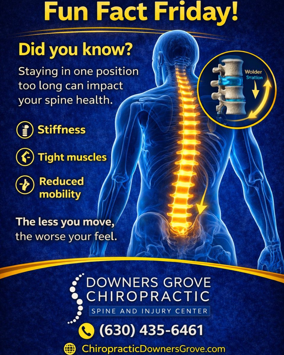 DrDeCubellis's tweet image. Fun Fact Friday
Your spine depends on movement to stay healthy.
Sitting too long can lead to stiffness, tight muscles, and reduced mobility.
Stay active. Stay aligned.
📞 Call (630) 435-6461
🌐 ChiropracticDownersGrove.com

#drdecubellis #FunFactFriday #MoveMore #SpineHealth