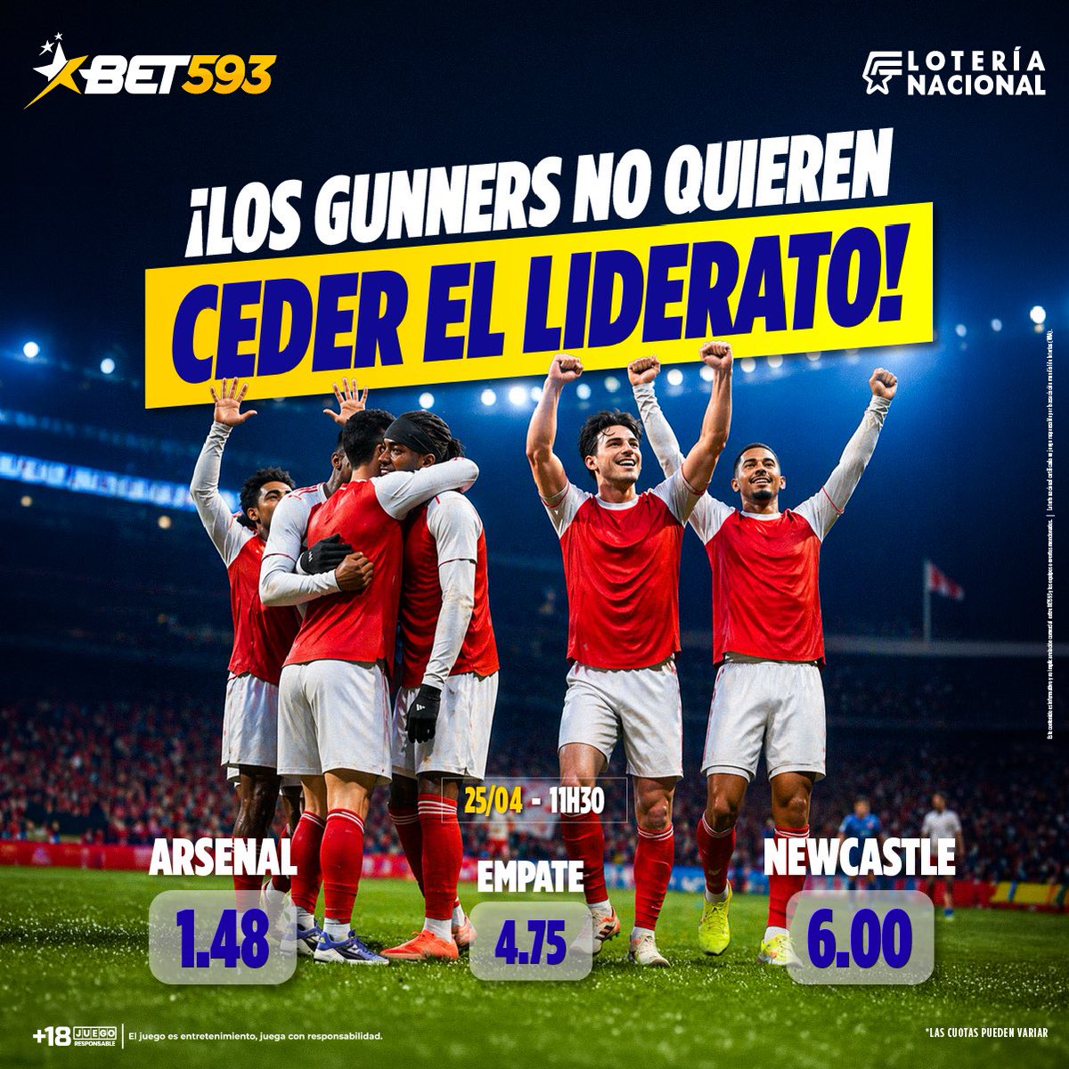 bet593's tweet image. ¡Londres se paraliza con un duelo de titanes! 🏟️✨ El Arsenal busca mantener su dominio en casa frente a un Newcastle que no regala nada. ¿Quién se llevará los tres puntos en este partidazo? ¡Haz tu pronóstico en Bet593! 🏆🔥

Pronostica en Bet593.

#Bet593 #GanoConBet593