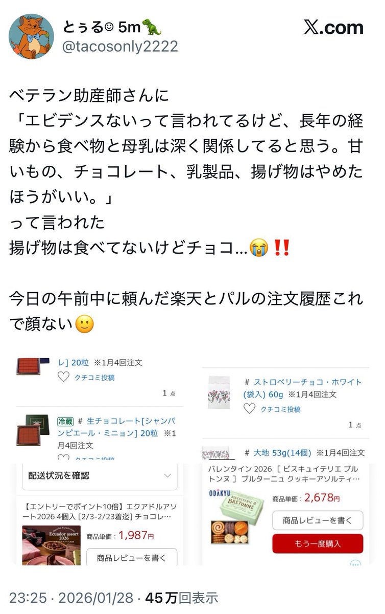 hiyoa3's tweet photo. @19OAOdh7zX14150 @WorsickMorrel @surigoma2012 その助産師さんにチョコとか乳製品とか食わないほうが良いって言われたのに最近のフラペチーノに始まり引��してまでの大量に買っちゃった♡とかからの夫ボコボコ＆乳腺炎ガーなんだが…
通販チョコの二日後にまたチョコやし…
伴侶はダメだけど私は良いのってモラハラじゃないかな… https://t.co/VJm8imEyco