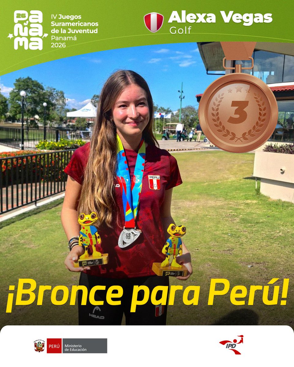 ipdperu's tweet photo. 🥉 ¡𝗠𝗘𝗗𝗔𝗟𝗟𝗔 𝗗𝗘 𝗕𝗥𝗢𝗡𝗖𝗘 𝗘𝗡 𝗚𝗢𝗟𝗙! 🇵🇪🏌️‍♀️⛳
Alexa Vegas deja en alto al Perú tras ganar la medalla de bronce en golf categoría femenina en los Juegos Suramericanos de la Juventud Panamá 2026. ¡Orgullo nacional! https://t.co/J0HxAmLZuC