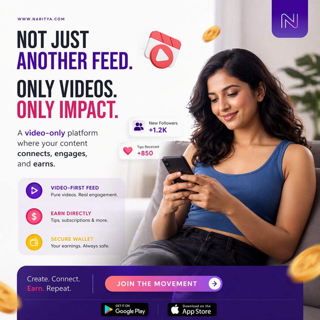 naritya_india's tweet image. Not just content. Impact.
Naritya is where videos connect, engage, and earn.
Create. Post. Get rewarded.

#Naritya #CreatorEconomy #VideoContent #EarnOnline #DigitalCreators #ContentCreation #SocialMedia