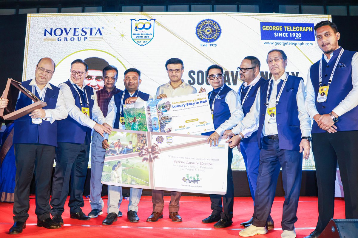 ManabPaul's tweet photo. George Telegraph Centenary Celebration—Bengal’s first multi-vertical sports awards—honouring young talents across 11 disciplines in the presence of sporting legends.

Proud moment as The Maharaj, Sourav Ganguly, received the Biswanath Dutta Lifetime Achievement Award. https://t.co/r3WdM9MSCN