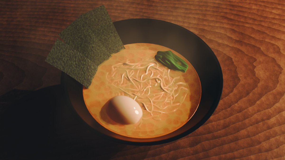 1isu_rtw's tweet image. 前回完まくさせてしまったので、ちゃんとラーメンもつくりました。奮闘したけど、麺が美味しそうじゃない……
#Blender #Blender初心者
