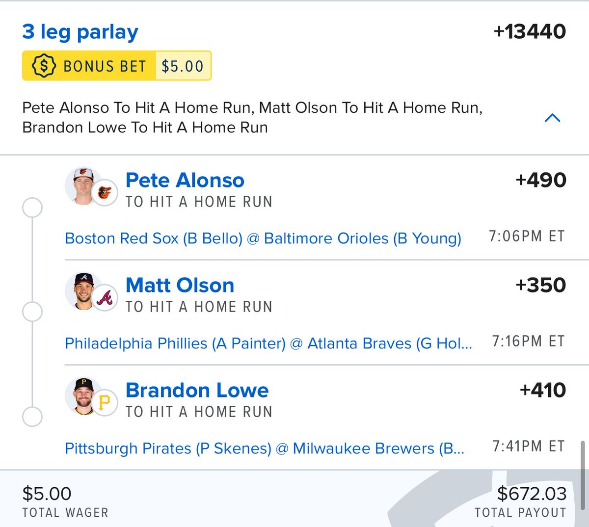 ClarenceBets's tweet image. 4/24 MLB Dinger Lay and RR

RR +2433 .38u
Lay +13440 .125u

#mlb #boost #bet #prop #parlay #sgp #ev #wager #homerun #clarencebets #dinger #freepicks #braves #sportsbetting