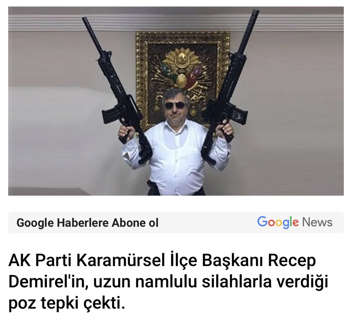 nasuhbektas's tweet photo. Hatırladınız mı bu silah şovlarını
Küçükçekmece Rizeliler Derneği Başkanı Ahmet Sivri, elinde kılıç ve masasında çok sayıda silahla poz verdiği görüntüleri yayınladı.
Cumhurbaşkanım 1 saat müsaade edin diye silahla paylaşım yapan
Akp ilçe başkanının paylaşımı
Ekrem İmamoğlu’nu verdiği silahlı pozla tehdit eden
Bunun gibi yüzlerce paylaşım sosyal medyada yapıldı AKP’den hiçbir işlem yapılmadı
Hatırlarsınız birisi listem hazır şu kadar kişiyi götüreceğim diye televizyonda açıklama yaptı hiçbir işlem yapılmadı.