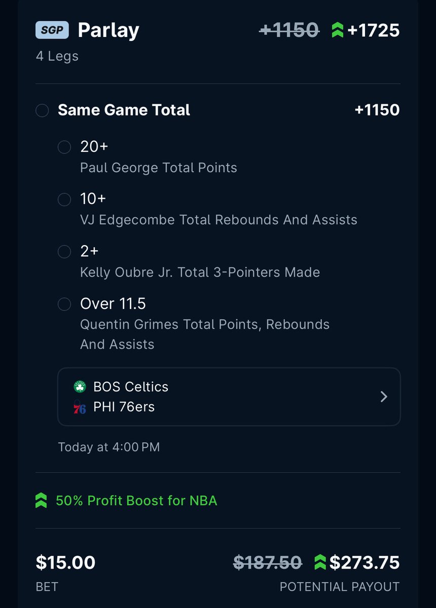 MismatchBet's tweet photo. Was waiting on Embiid news before locking this in… now that he’s out, here’s what I’m rolling with

• Paul George 20+ PTS
• VJ Edgecombe 10+ RA
• Kelly Oubre Jr. 2+ 3PM
• Quentin Grimes O11.5 PRA

50% boost on it too

$15 → $273.75 🎯 https://t.co/Uh5lWpxW7p