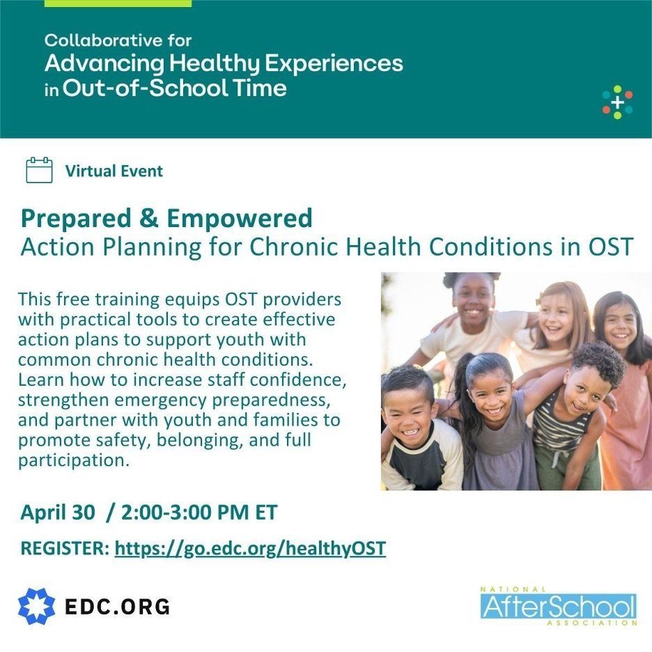 DelawareASN's tweet photo. Out-of-school time (OST) programs reach over 7 million young people. Join the Collaborative for Health Equity in Out-of-School Time (CAHE-OST) on Thursday, April 30, 2–3 p.m. ET for the webinar Prepared &amp; Empowered: register: https://t.co/cBIjLnDnhn https://t.co/CrFcwmfX7p