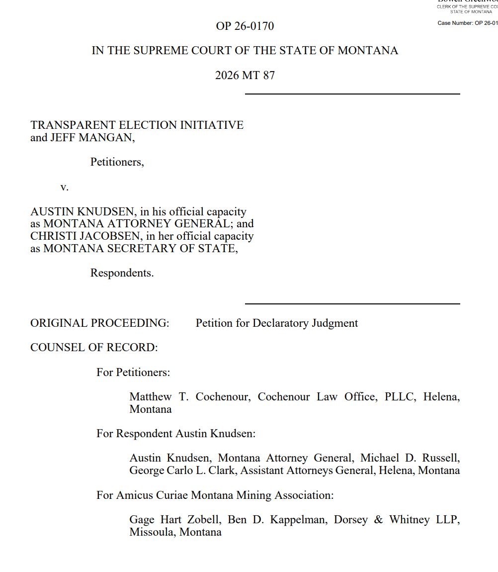 MontanaMuckrake's tweet image. NEW: Montana Supreme Court overrules Austin Knudsen and finds 5-2 that Ballot Initiative 9 filed by the Transparent Election Initiative is constitutionally-sufficient and may proceed. BI-9 is an amended version of "The Montana Plan" that was rejected 7-0 as BI-4 #mtpol #mtnews