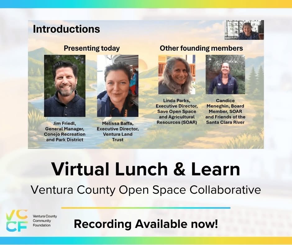SOARVC's tweet photo. Learn how local partners are working together to protect Ventura County’s open space. 🌿

Watch the latest Virtual Lunch & Learn from the Ventura County Community Foundation featuring the Ventura County Open Space Collaborative, with Ventura Land Trust and Conejo Recreation & Park District.

English: https://t.co/HWxHBtGfVa | Español: https://t.co/u5JJBR5smL