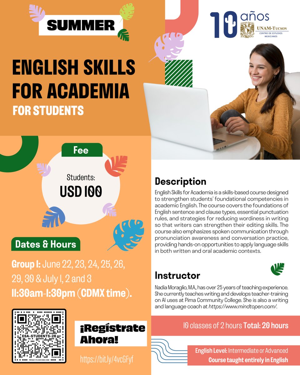 UNAM_Tucson's tweet image. 🕶¡PRÓXIMOS CURSOS DE VERANO! 🌞
💻 CURSO ONLINE de #inglés
📢ENGLISH SKILLS FOR ACADEMIA FOR STUDENTS
Group I: June 22, 23, 24, 25, 26, 29, 30 &amp;amp; July 1, 2 and 3
⏰ 11:30am – 1:30 pm (CDMX time)
🔴Registrate en: bit.ly/4vcGFyf
#aprendeingles #UNAM #cursosonline #verano