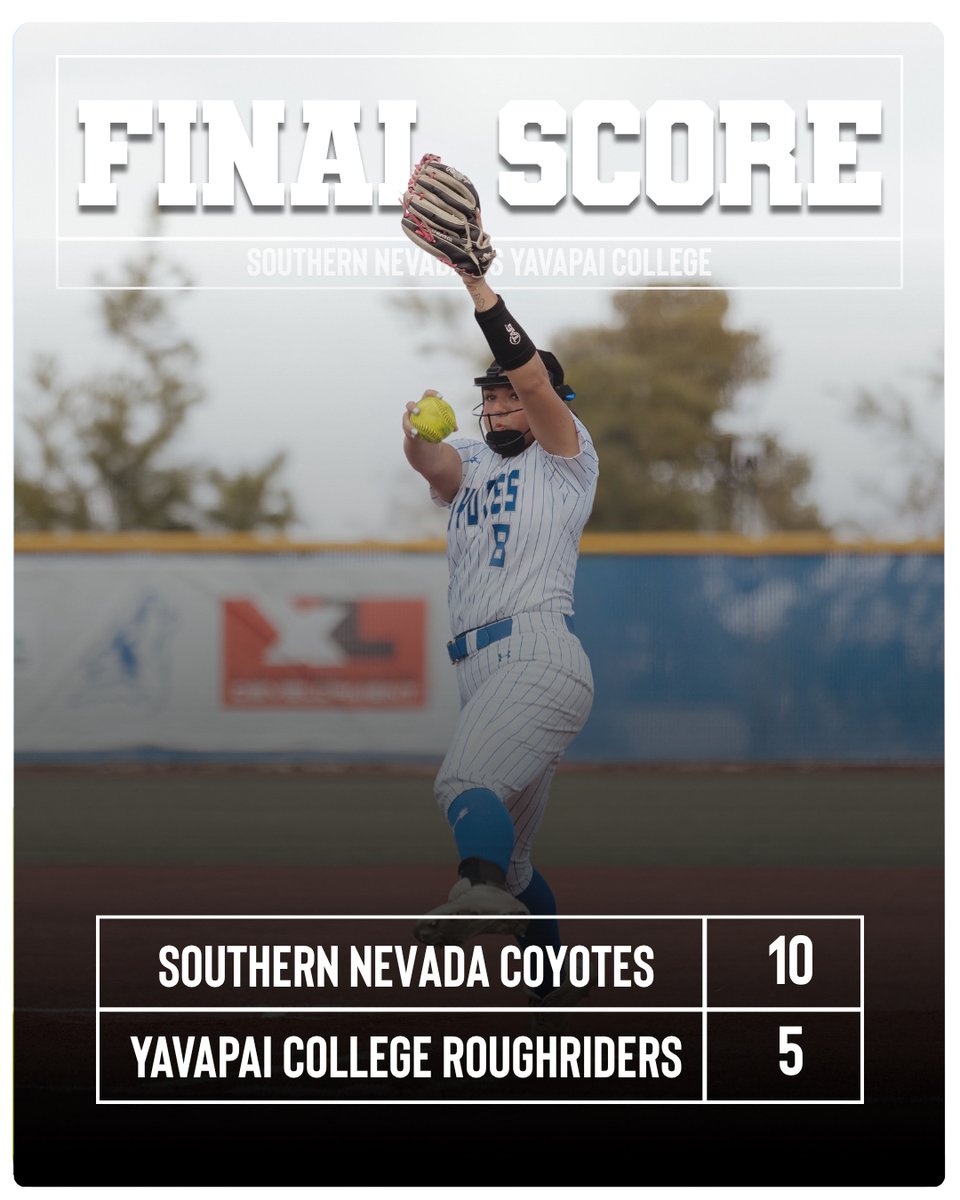 CSN_Softball's tweet photo. LADY COYOTES WIN‼️ CSN (28-17 overall, 17-8 ACCAC) thumps YC 10-5 in game 1. 🐺🥎💪

Haylee Holloway (4IP, 4ER, 7K, Win) 📊

Next up, game ✌️versus Yavapai 🏠

#packmentality 

@csncoyote https://t.co/9EJwrdP9nd