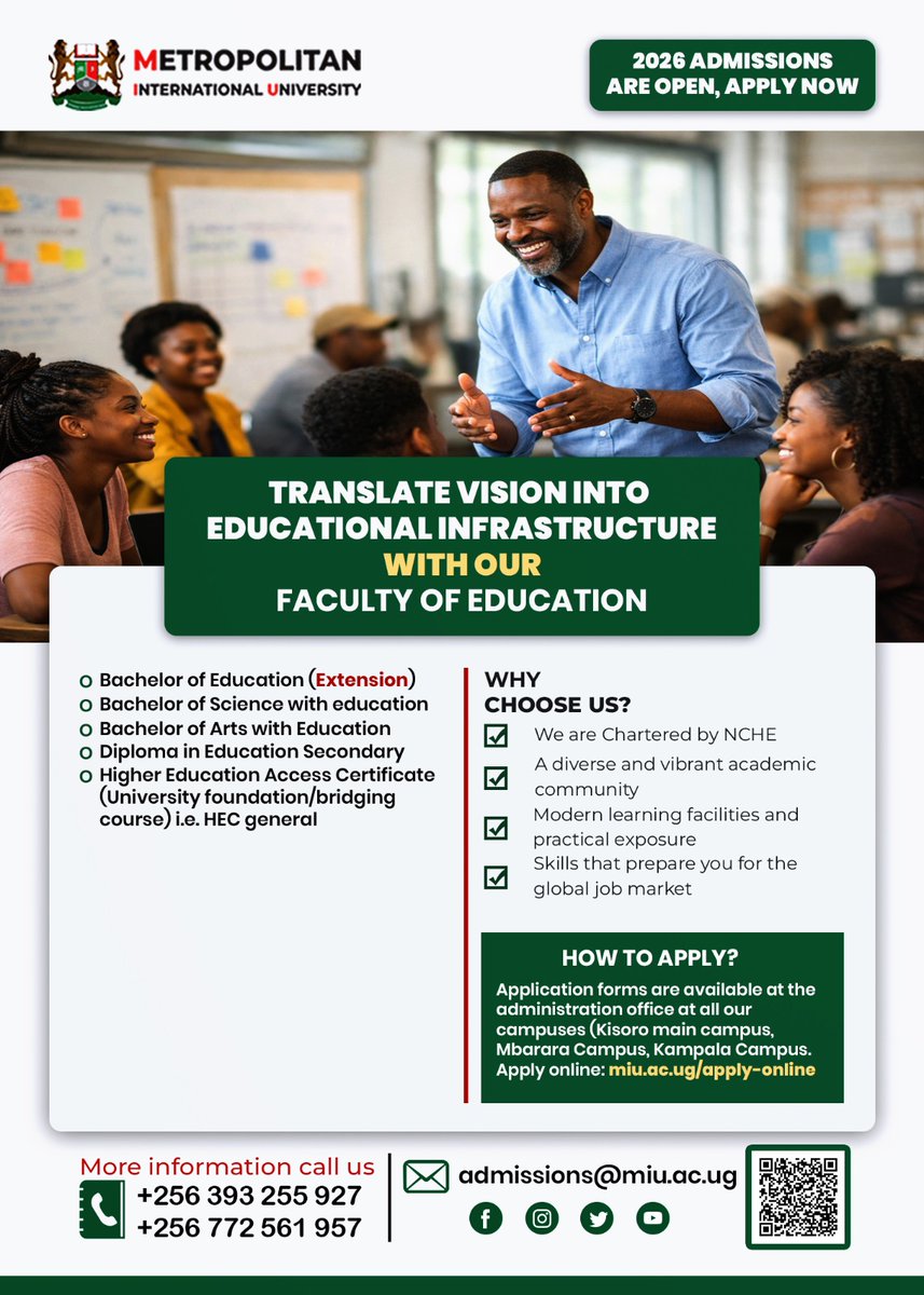 MIU_Uganda's tweet photo. Shape the future through education
Admissions for 2026 are open @MIU_Uganda our Faculty of Education and turn your vision into impactful educational infrastructure.
Apply today and take the next step toward excellence.
#MIUAdmissions #FacultyOfEducation #StudyInUganda https://t.co/t8y19IpKmV