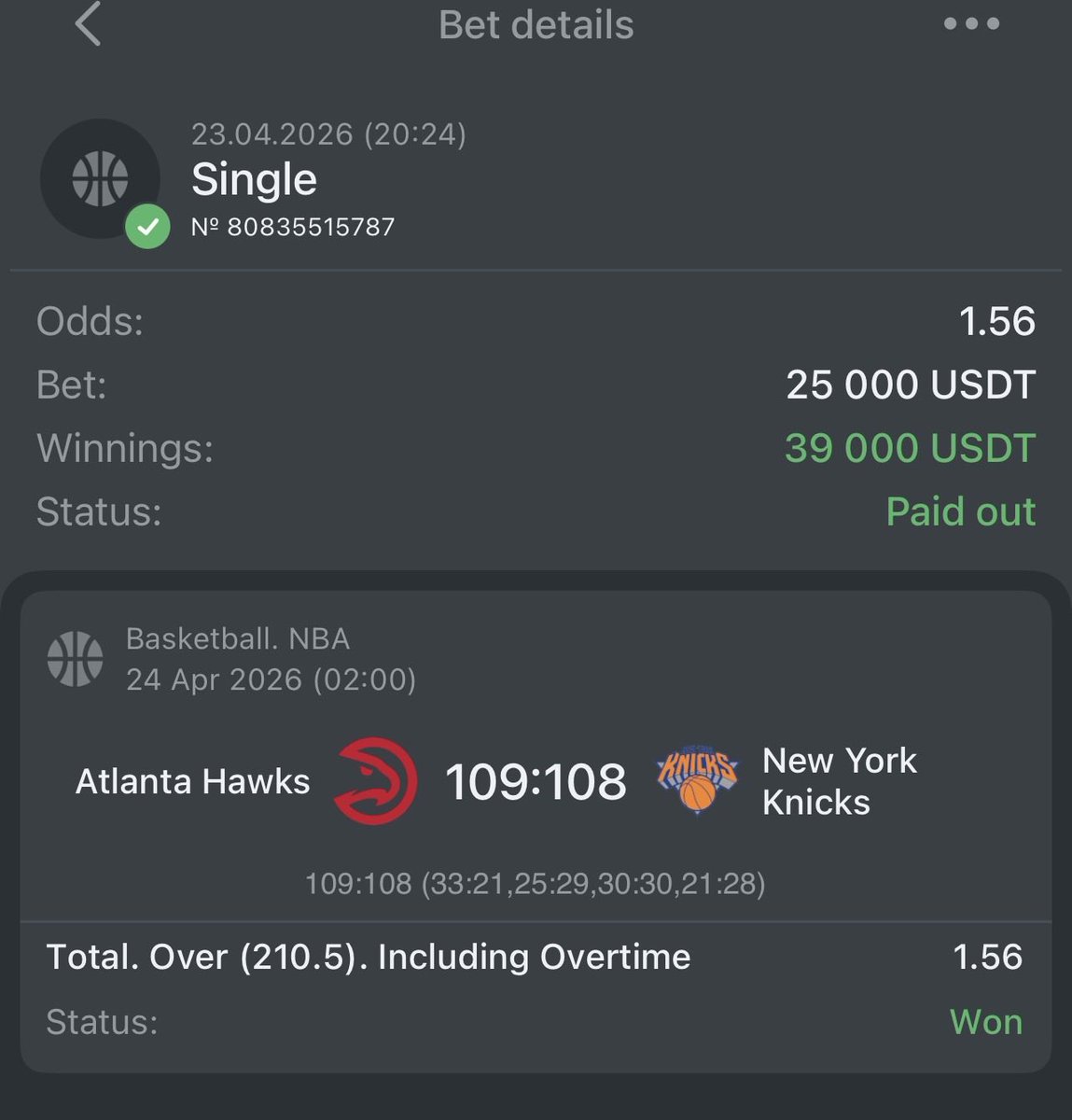 bankotipster_'s tweet image. ✅ Kazandırmaya Devam Ediyoruz. Bizi takip etmeye devam edin

#Atlanta  Hawks  🆚 #Newyork Knicks    
 
💵 Kazanç : 39.000 usd 

▶️ #Melbet   : ➡️   bit.ly/4kxkahh
▶️PROMOKOD : Viptipster 

( Promokod ile Kayıt Ol, 10.400 TL İlk Yatırım Bonusunu Al)

#livebet #1xbet
